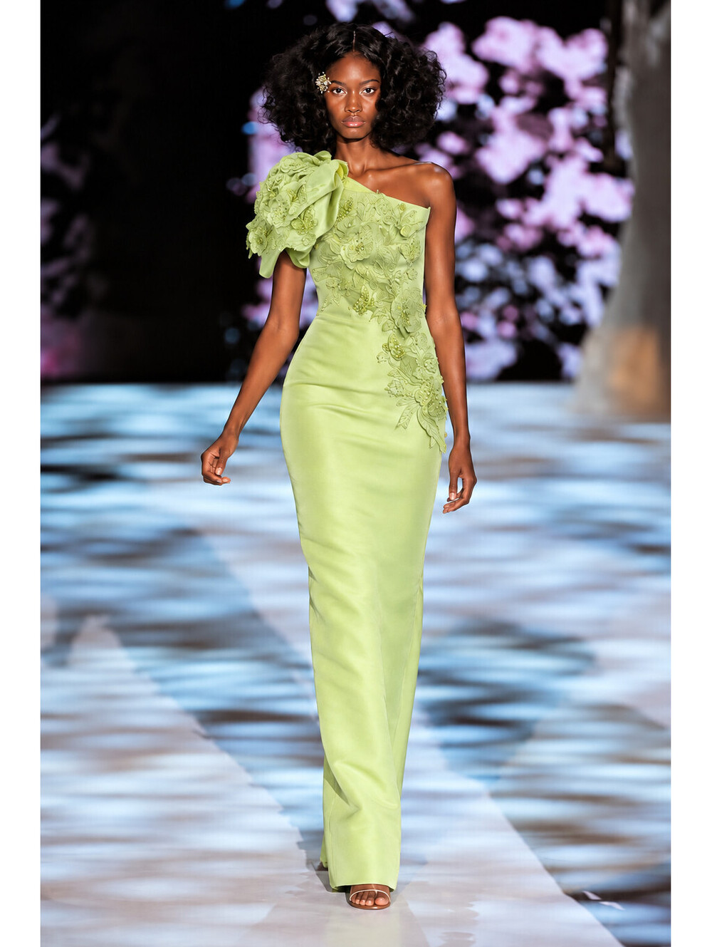Badgley Mischka Lime Green One Shoulder Floral Appliqué Beaded Fitted Gown sz 4